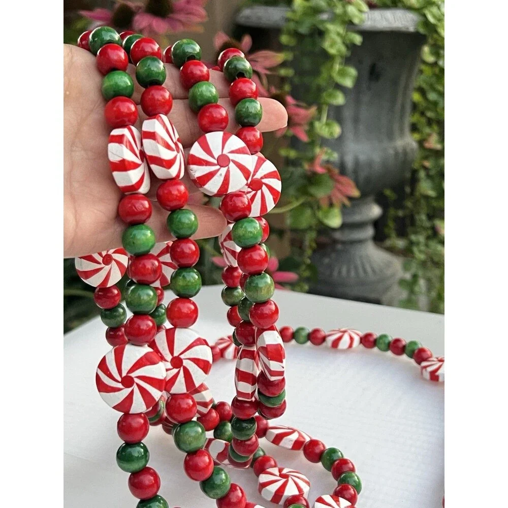 Vintage 8 Ft Wooden Christmas Garland Hand Painted Peppermint Candy Beads